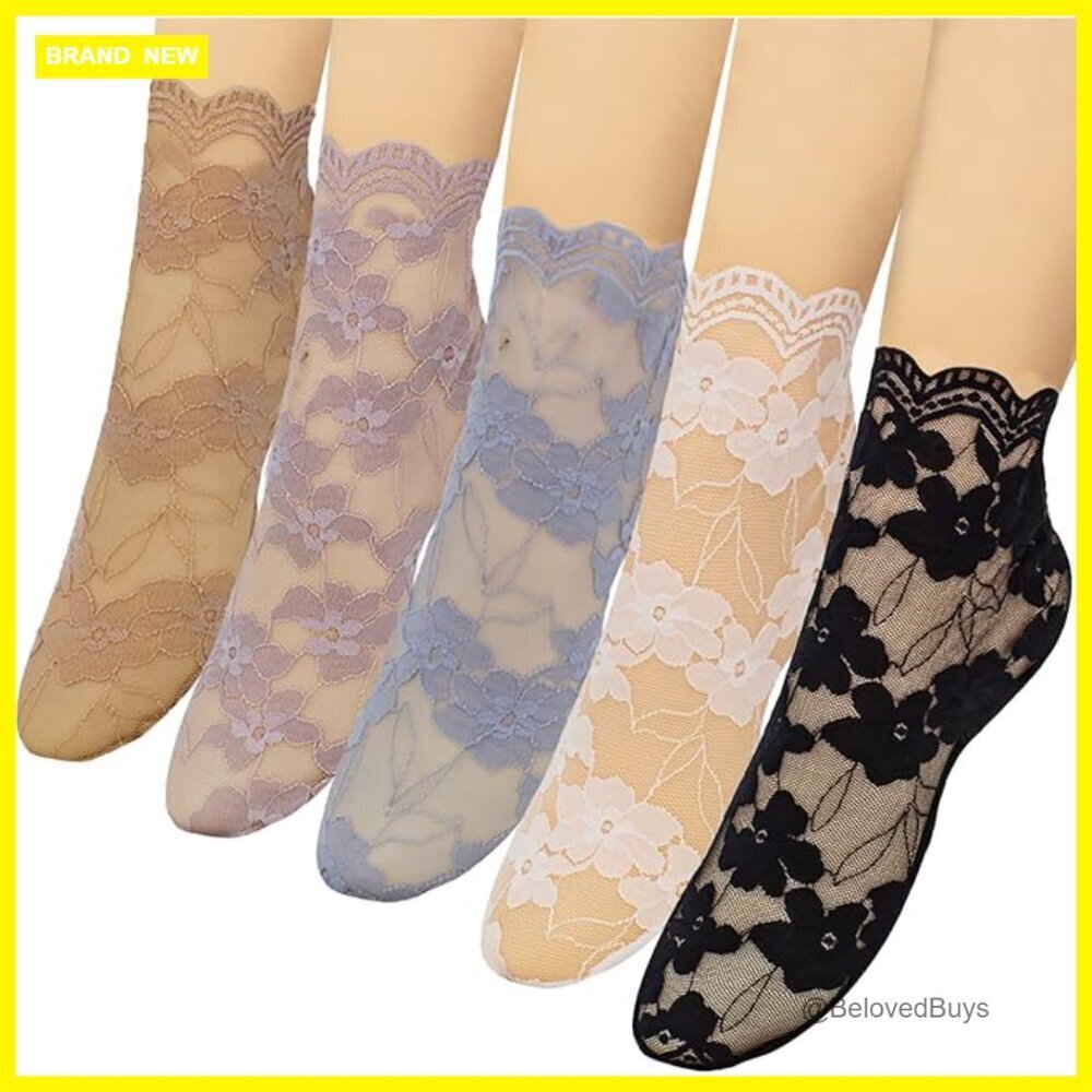 Lace Ankle Socks 5-Pair Set Breathable Fishnet Ruffle Calf Socks